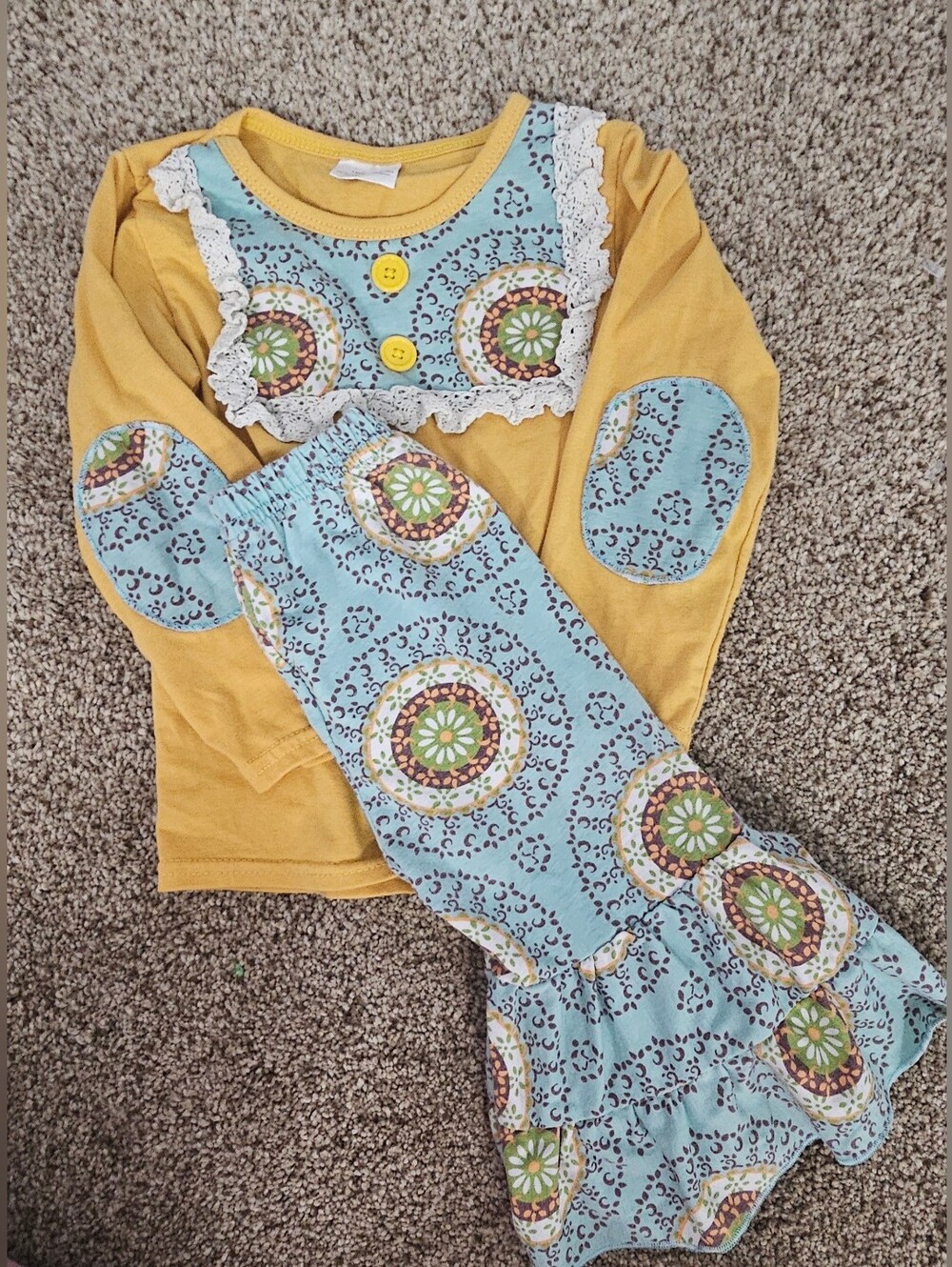 Mustard yellow and light blue patterned boutique Outfit 12-18 Mths
